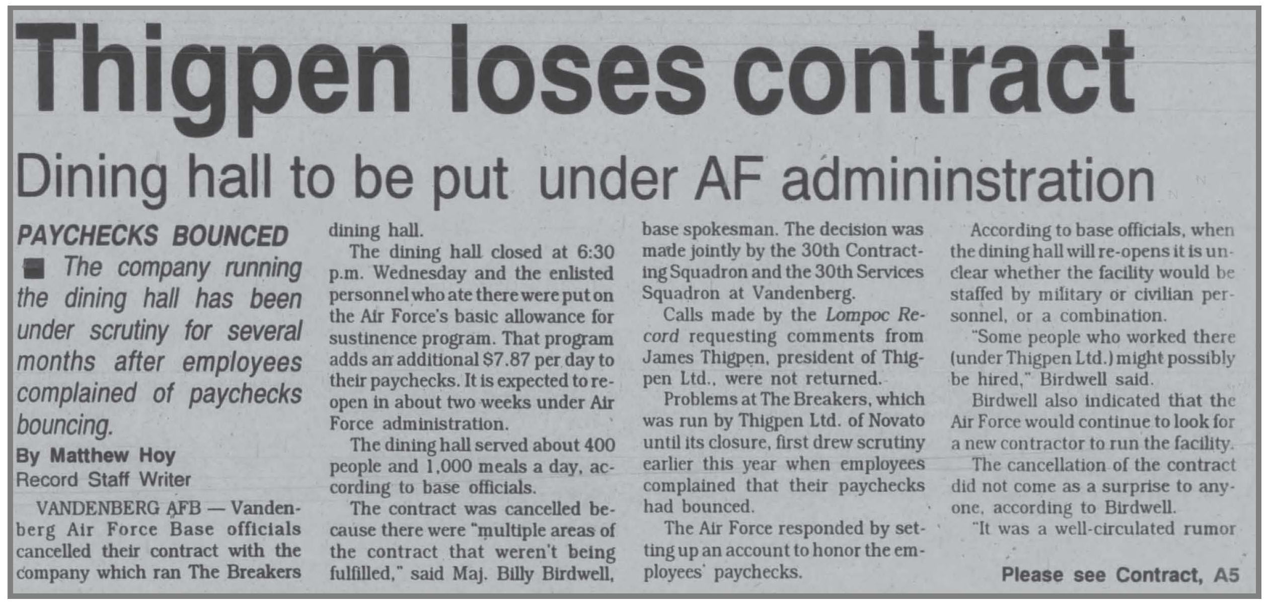 Thigpen Loses Contract Dining hall to be put under AF administration